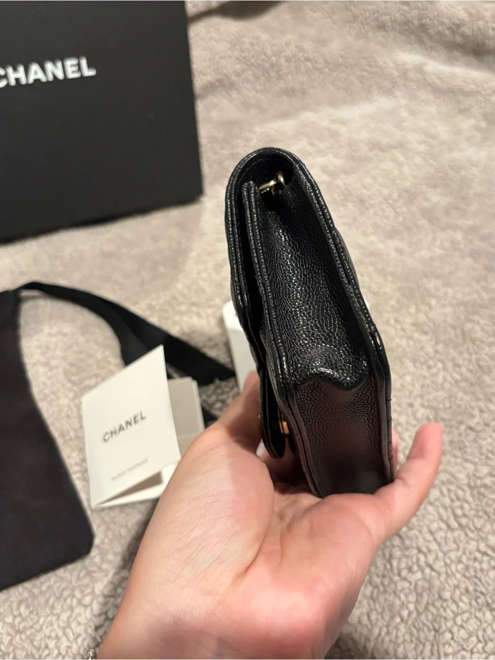CHANEL Black Quilted Mini Flap Wallet on Chain with Gold CC